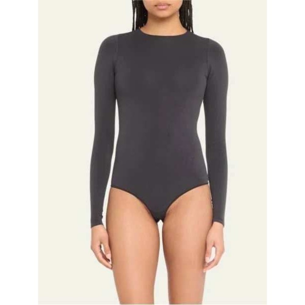 Skims Essential Long Sleeve Scoop Neck Bodysuit Black Womens L Stretch Layering